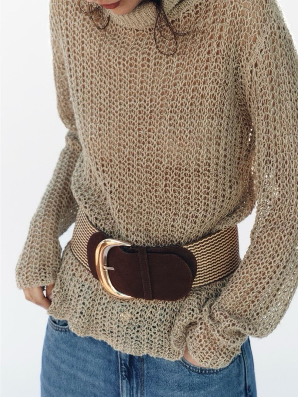 Zara Brown And Gold Buckle RAFFIA SPLIT LEATHER BELT Size 34 NWT